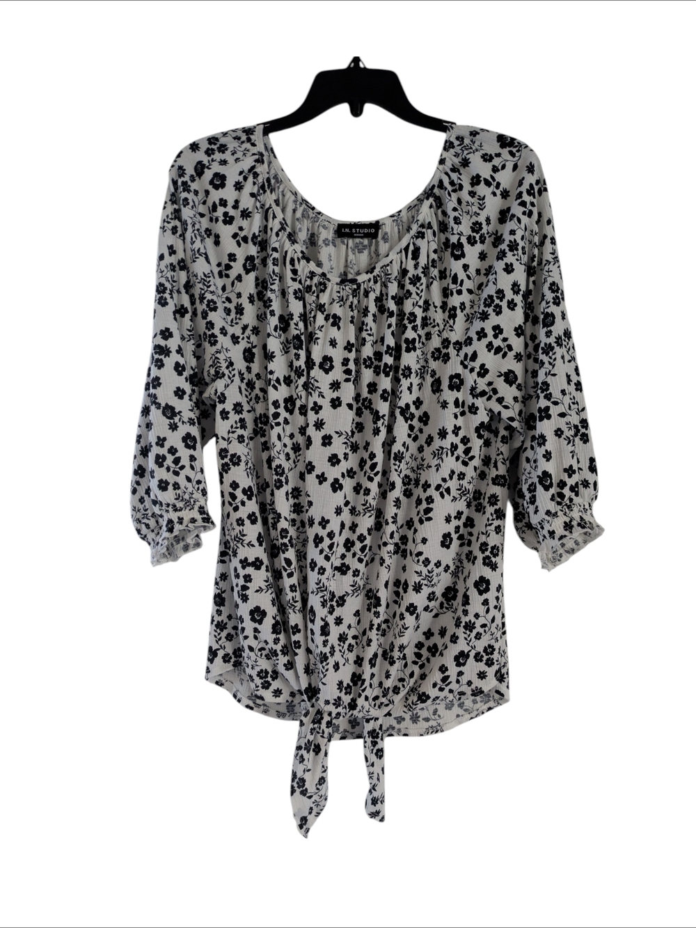 I.N. Studio Black and White Floral Tie-Front Peasant Blouse